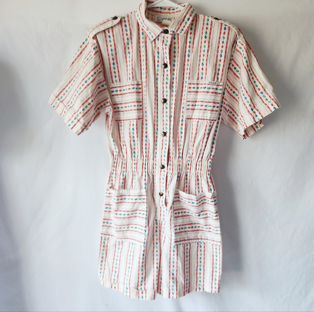 VTG 80s IDEAS Geometric Print Romper‎ 100% Cotton Boho Festival Utility Playsuit